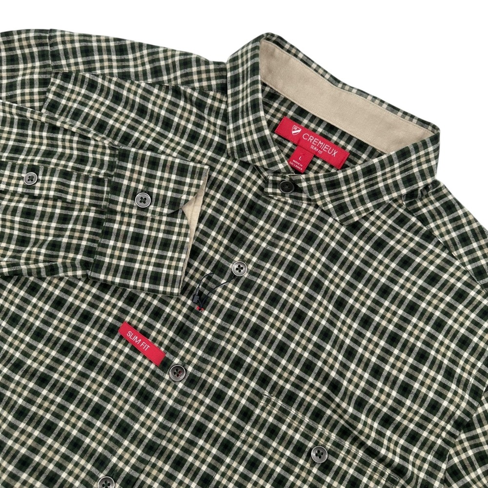 CREMIEUX Mens Size L Green Khaki Plaid Flannel Slim‎ Fit Button Up Shirt NEW